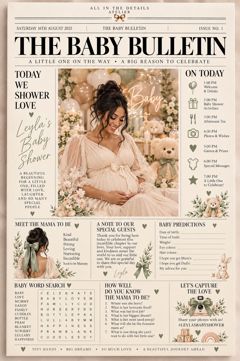 The Baby Bulletin single portrait baby shower newspaper featuring Leyla