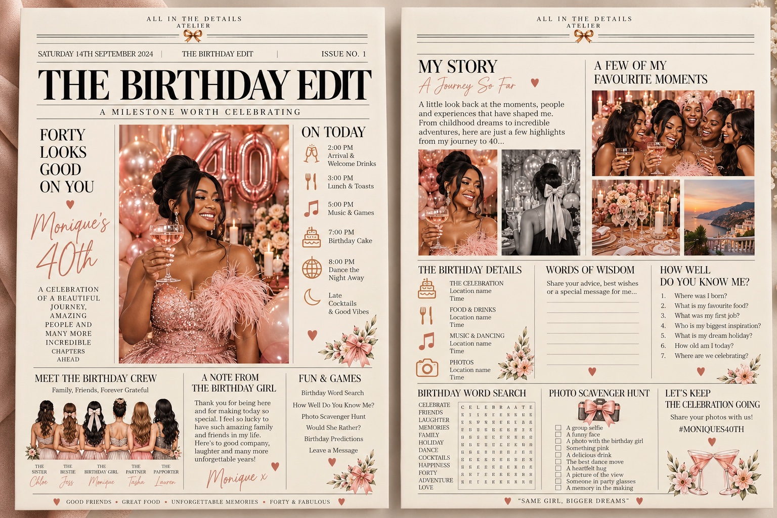 The Birthday Edit, two portrait newspaper pages featuring Monique’s 40th birthday