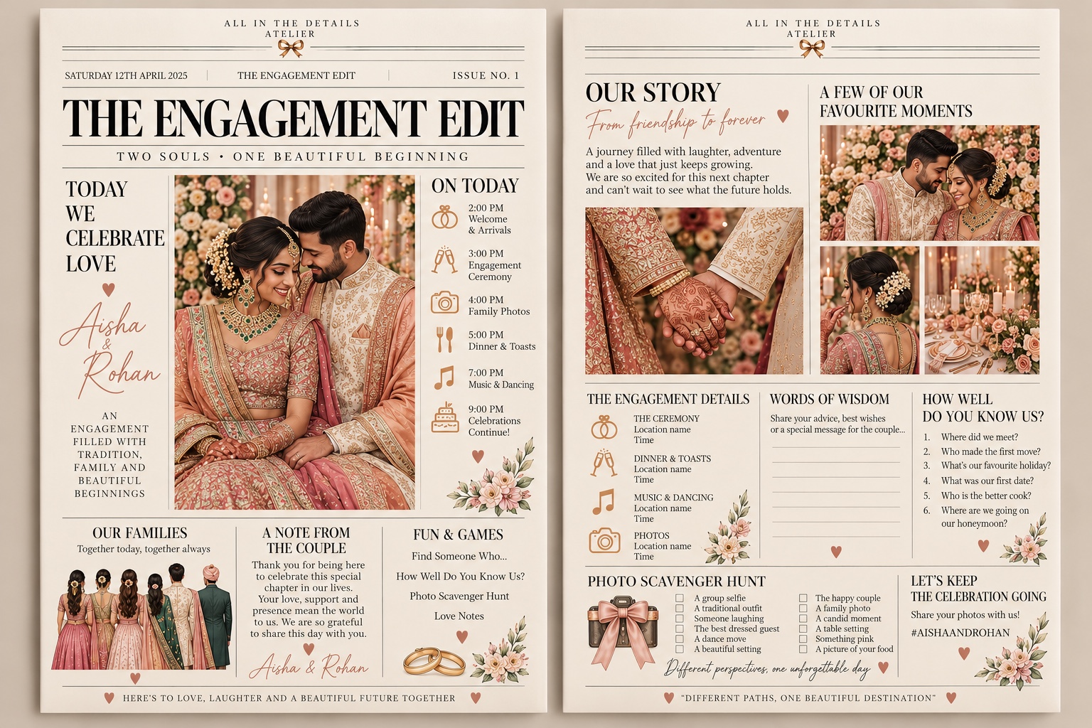 The Engagement Edit front and back portrait pages for Aisha and Rohan