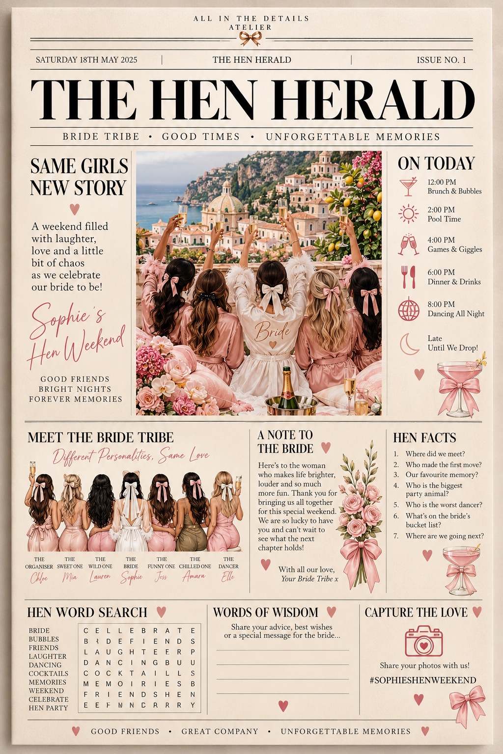 The Hen Herald — complete personalised hen party newspaper design