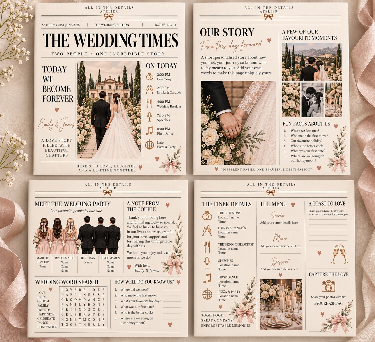The Wedding Times four portrait newspaper pages for Emily and James
