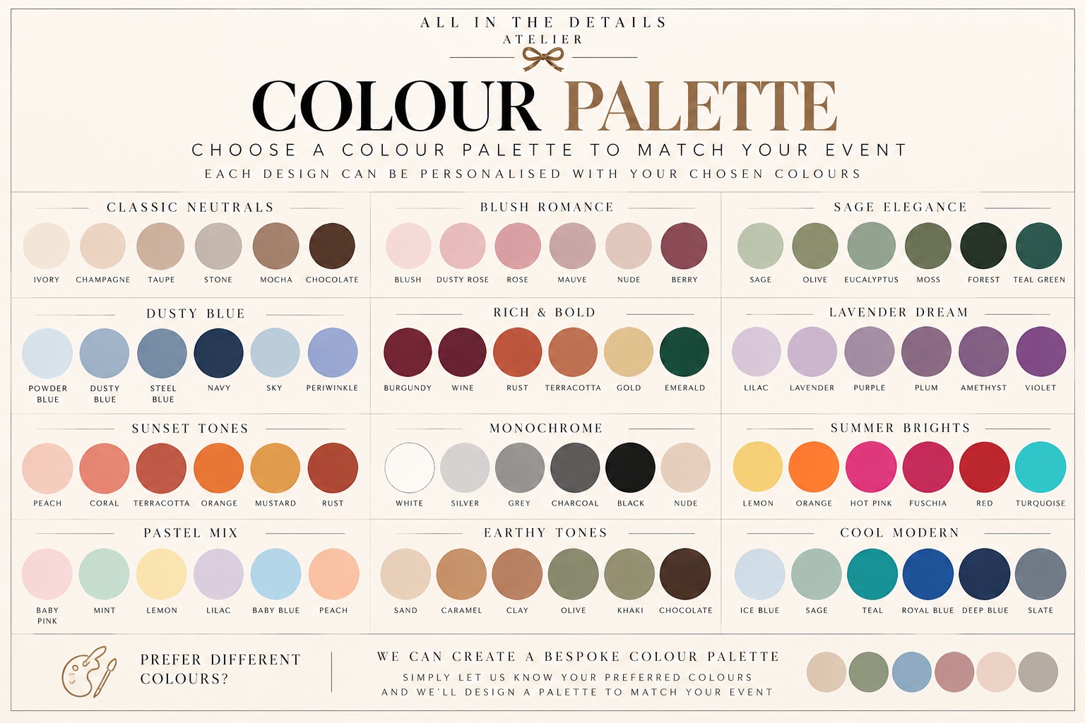 Collection of coordinated six-colour event palettes