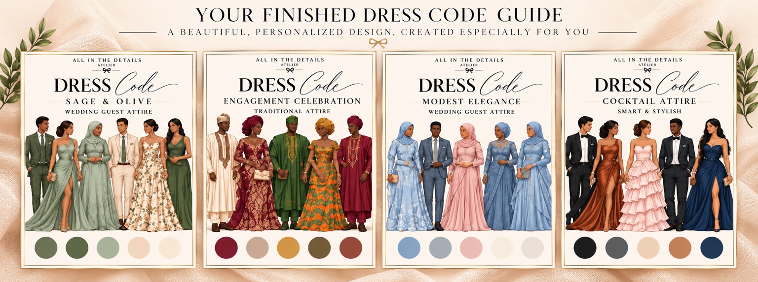 Four dress code examples featuring sage and olive, Nigerian celebration attire, modest and elegant dress, and cocktail attire