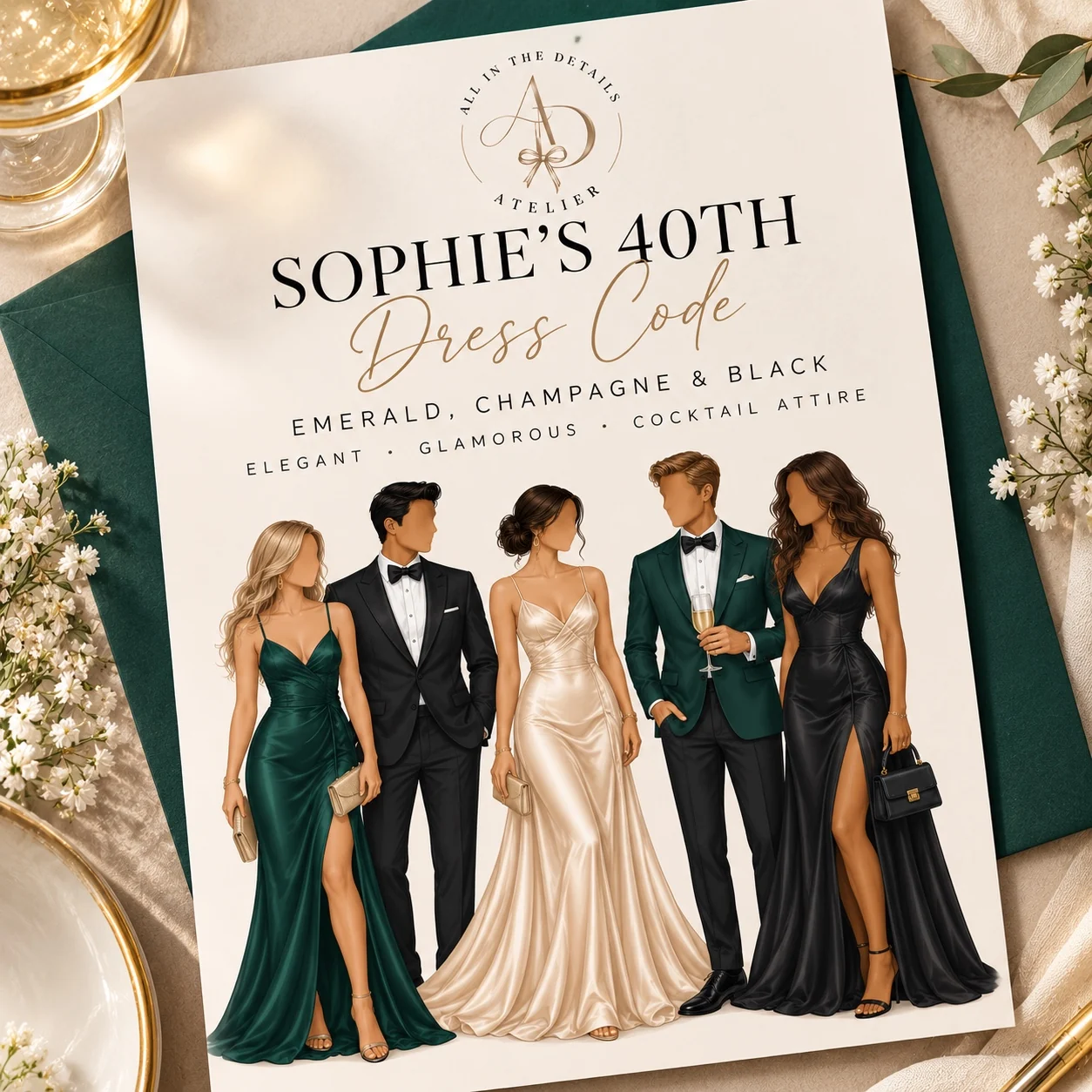 Existing personalised emerald, champagne and black dress code design