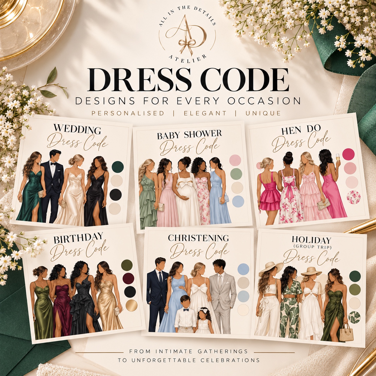 Diverse illustrated guests showing varied outfits and styles