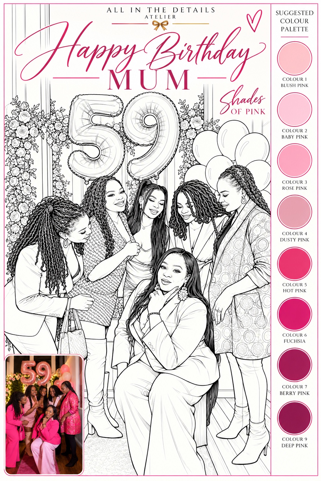 Happy Birthday Mum 59 shades of pink personalised colouring keepsake