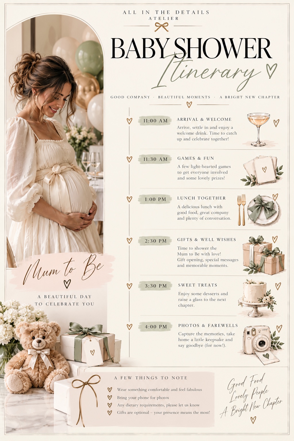 Full baby shower itinerary design with a mother-to-be portrait and celebration schedule