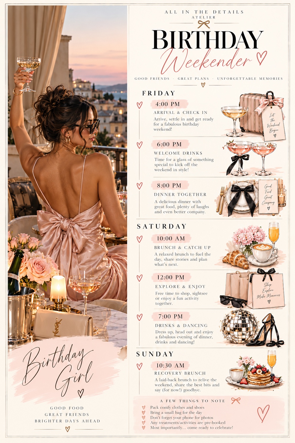 Full birthday weekender itinerary with Friday Saturday and Sunday plans