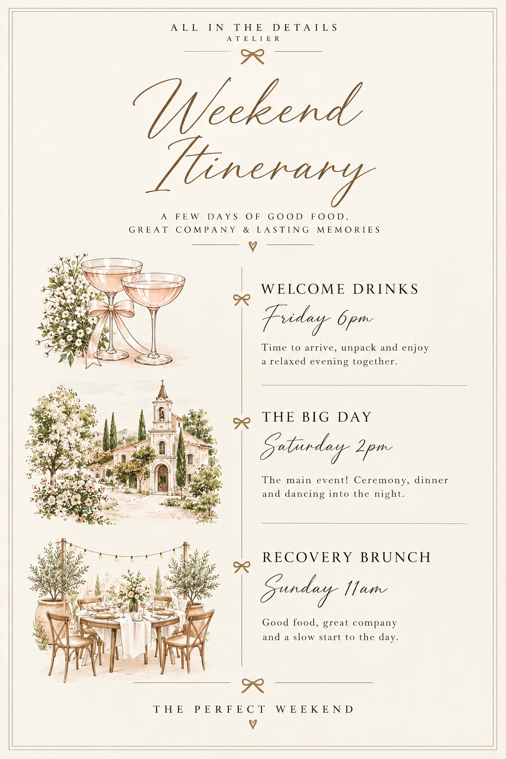 Full elegant weekend itinerary featuring welcome drinks the big day and recovery brunch