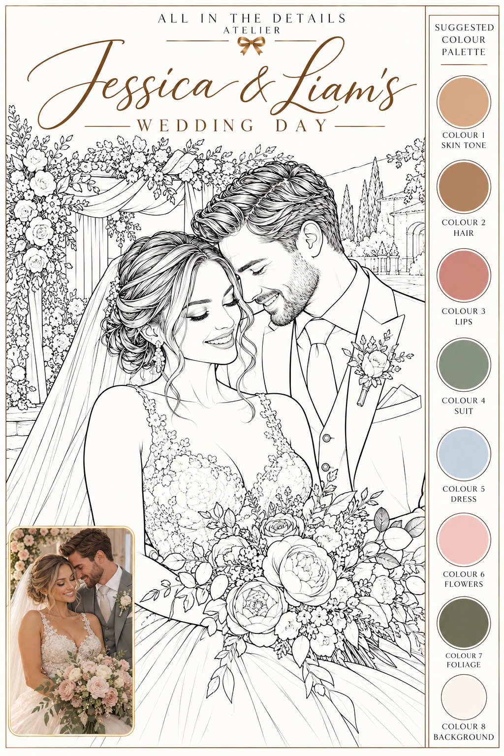 Jessica and Liam’s Wedding Day personalised colouring keepsake