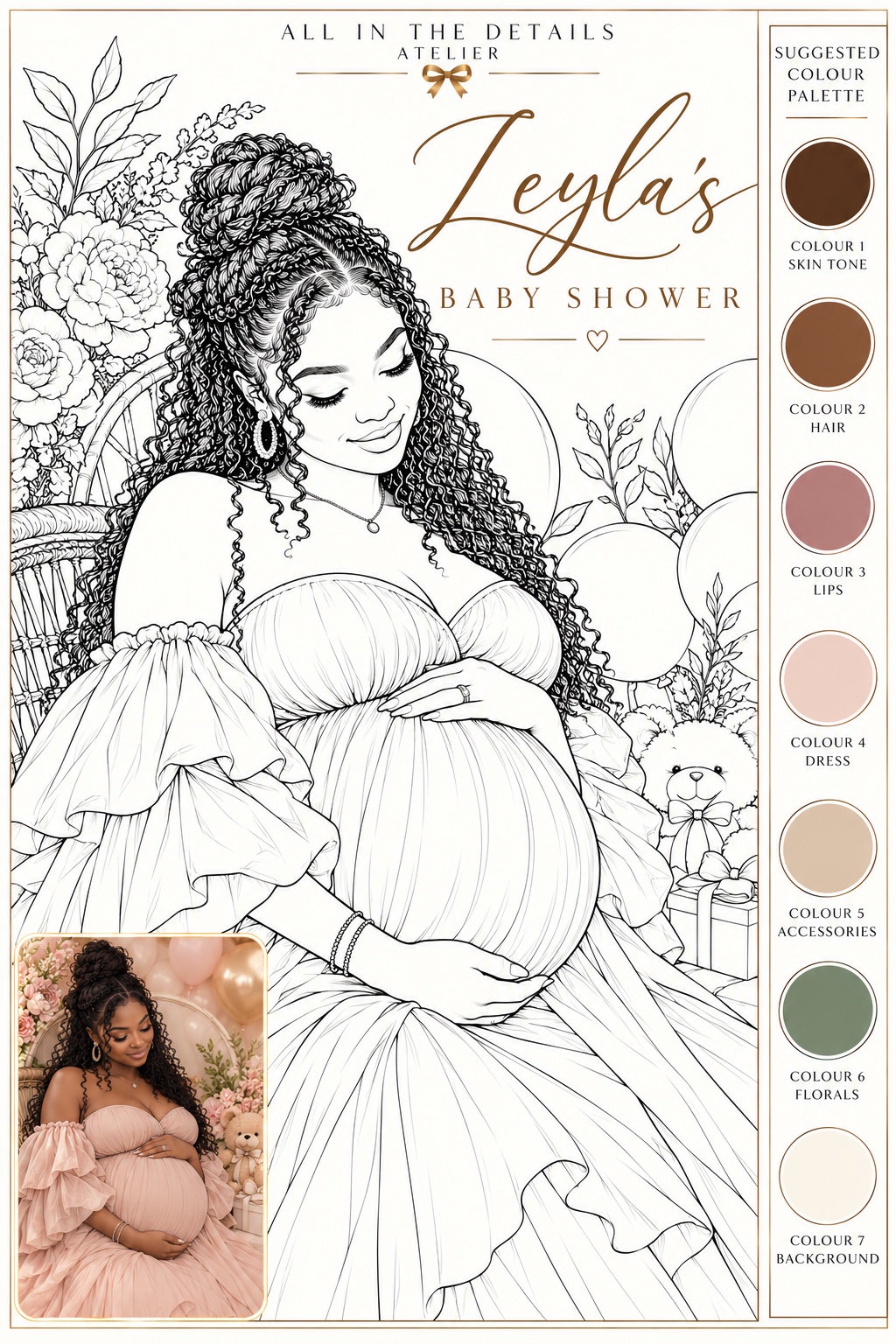 Leyla’s Baby Shower personalised colouring keepsake with photograph reference and suggested colour palette