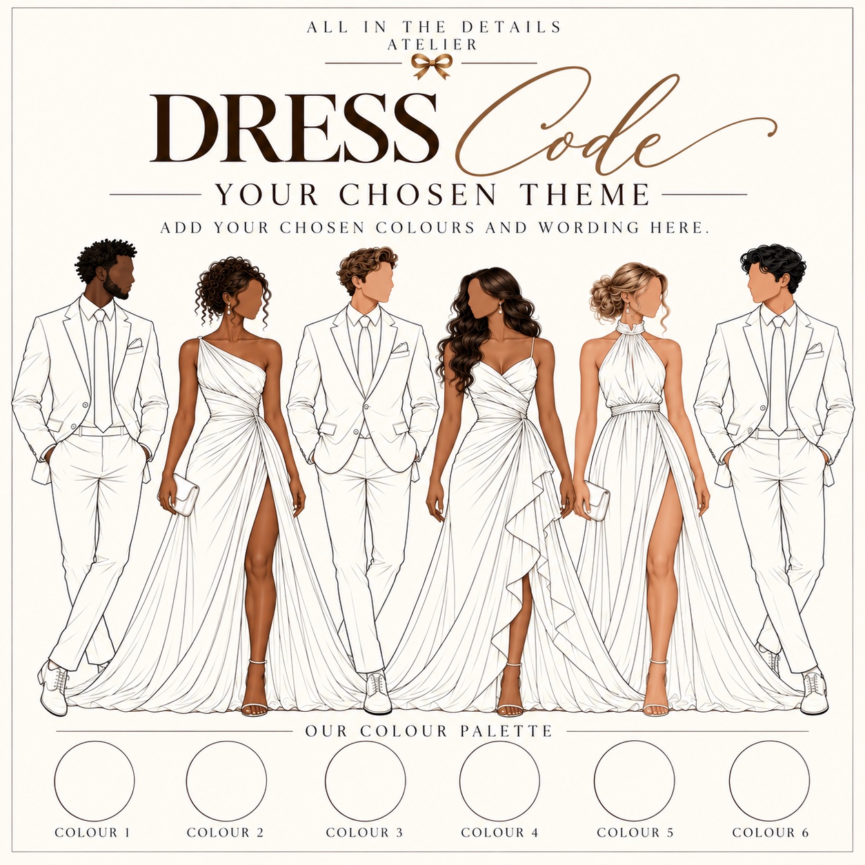Personalised dress code blank template with six faceless illustrated guests and six customisable colour swatches