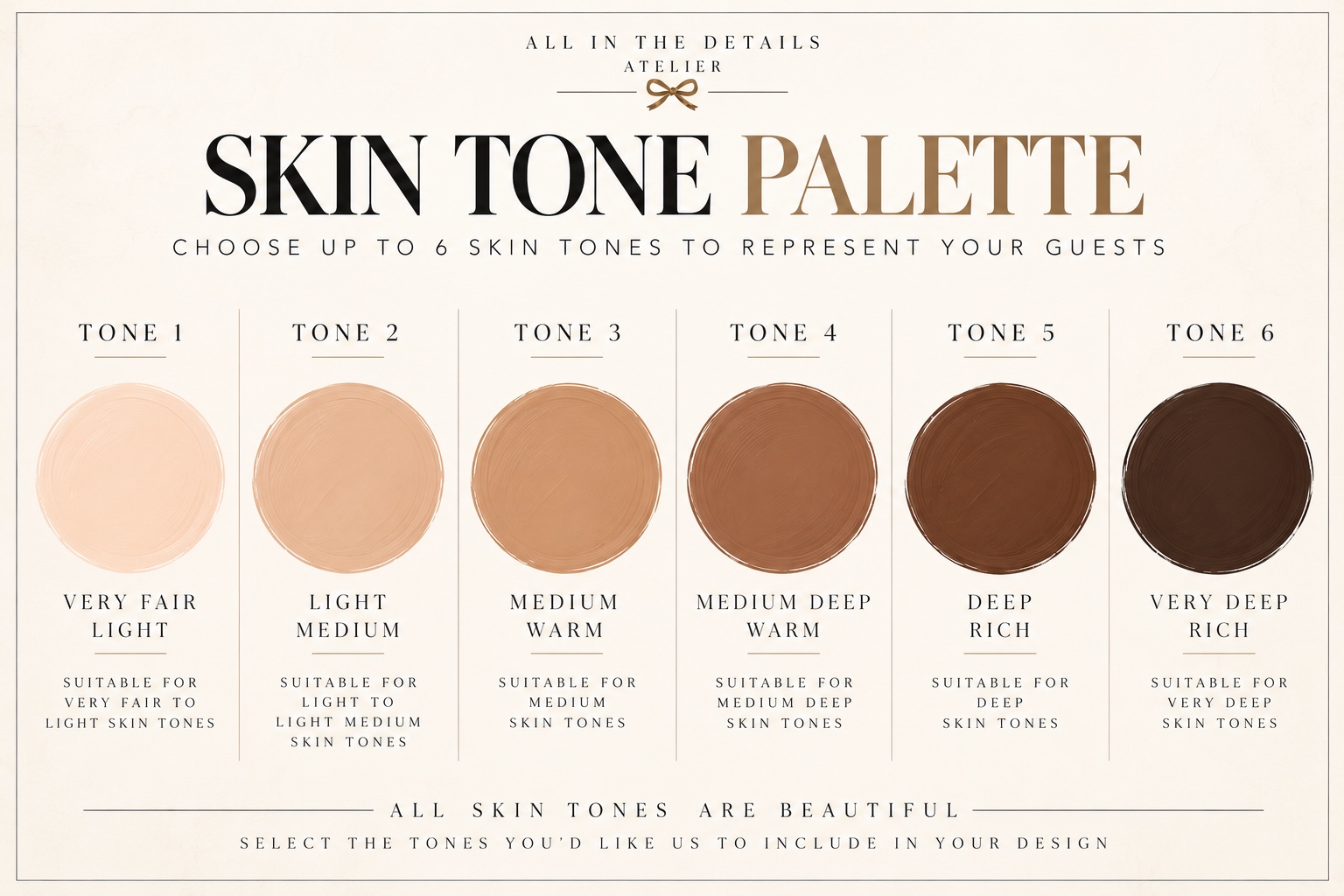 Six illustrated skin tone swatches, from very fair to very deep